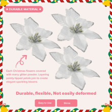 50 Stuks Glitter Poinsettia Kerstboomversieringen Kunstzijde Bloemen Prikkers Decor Krans Slinger Vakantie (Zilver)
