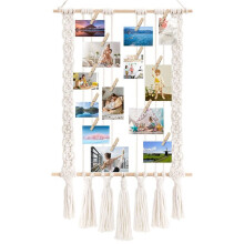Hängendes Fotodisplay mit 30 Holzklammern, Makramee-Wandbehang-Bilderhalter, Collage-Bilderrahmen für Boho-Dekor