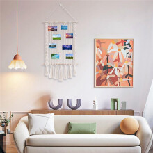 Hängande Fotoskärm med 30 Träklämmor Macrame Vägghängande Bildhållare Collage Bildram för Boho-Dekor