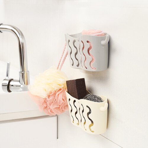 Beige Plastic Kitchen Storage Basket with Reusable Suction Cup 2