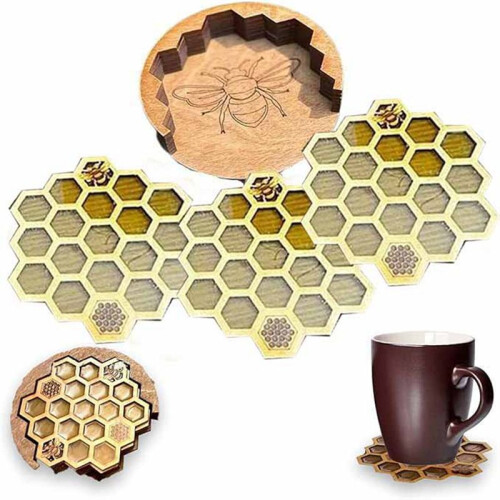Coasters Set for Drinks with Holder, 4Pcs Honeycomb Shaped Drink Coasters, Mug Coaster for Cold/Hot Drinks 1
