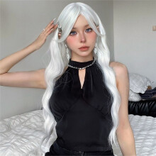 Long Water Wave Wig with Bangs White Colorful Cosplay Silky Wig for Women Daily Party Synthetic Hair Heat Resistant-A