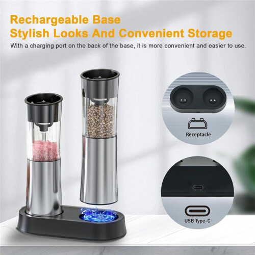 Electric Salt and Pepper Grinder Set Rechargeable Automatic Grinder with Charging Base LED Light, Adjustable Coarseness 2