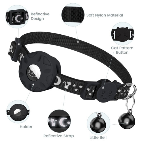 Para Air Tag Cat Collar, Coleira Refletiva para Gato com Fivela de SegurançA e Suporte ImpermeáVel em Largura de 3/8 Polegadas, Preto 2