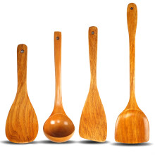 4 Piezas Utensilios de Cocina de Madera Sin Pintura Olla Antiadherente Juego de Pala de Madera Maciza Teca Pura Herramienta de Pala de Manejar Largo