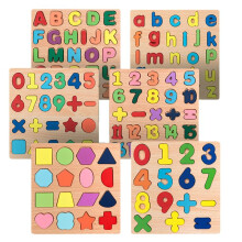 Holzpuzzle für Kinder, Holzzahlen, Buchstaben, Geometrische Figuren, Bausteine, Greifbrettspielzeug
