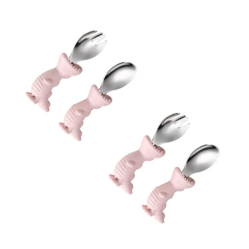 4Pcs Infant Training Tableware Fork Spoon Stainless Steel Pink Handle 2