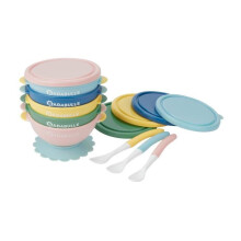 BADABULLE Set di 5 ciotole per bambini antiscivolo 330ml, coperchi ermetici + 3 cucchiai morbidi 1 età, compatibili con il microonde
