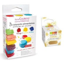3 colorantes alimentarios en polvo amarillo-rojo-azul + copos dorados