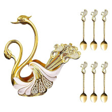 Decorative Metal Swan Base Coffee Spoon Holder with 6pcs Spoons Set, Coffee Tea Spoon Set with Holder, Tableware Storage