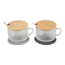 Vintage Koffieglazen Mokken Set van 2, Glazen Koffietheekopjes met Bamboe Deksels, Onderzetter en Lepels, 15Oz Helder ReliëF B