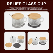 Vintage Coffee Glass Mugs Set of 2, Glass Coffee Tea Cups with Bamboo Lids, Coaster and Spoons,15Oz Clear Embossed B