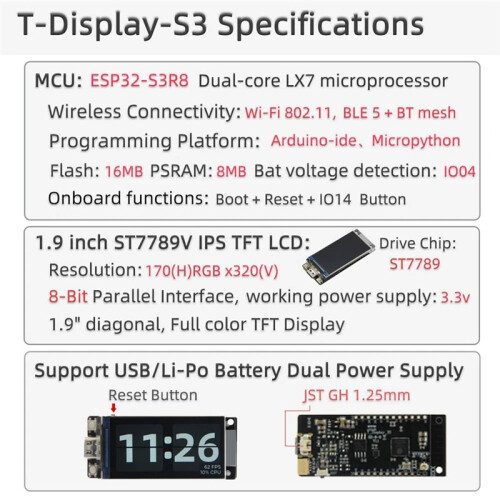 ESP32-S3R8 T-Display-S3 Development Board 1.9 Inch LCD Display WIFI Bluetooth5.0 170x320 Wireless Module 1