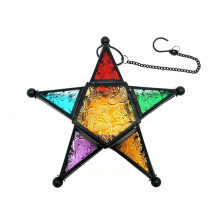 Hanging Candle Lantern,Moroccan Style Glass Five-Pointed Star Shaped Tealight-Holder for Wedding,Garden Yard, Black