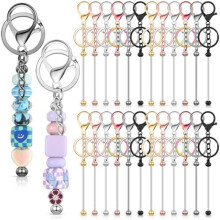 24Pcs Beaded Keychains Bulk Beads DIY Blank Keychains Metal Beaded Keychains for Beaded Keychain Crafts A