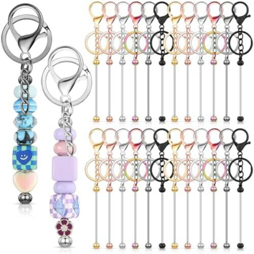 24Pcs Beaded Keychains Bulk Beads DIY Blank Keychains Metal Beaded Keychains for Beaded Keychain Crafts A