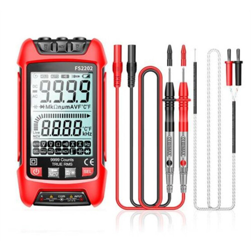 FS2202 Auto Range Multimeter 9999 Counts TRMS AC  Voltmeter Amp NCV Resistance Capacitance Transistor Tester Red