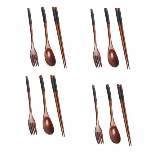 4X Wooden Flatware Set, Wooden Portable Set Chopsticks Spoon Fork Tableware Dinnerware with Black Twining Thread 1