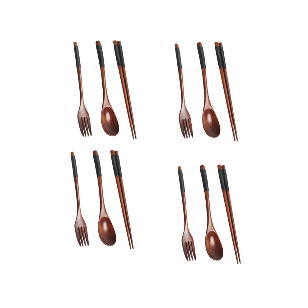 Semoic Black 4X Wooden Flatware Set, Wooden Portable Set Chopsticks Spoon Fork Tableware Dinnerware With Twining Thread