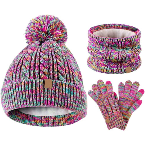 Conjunto infantil de gorro, luvas e cachecol de inverno, com pompom e protetor de pescoço em tricô.