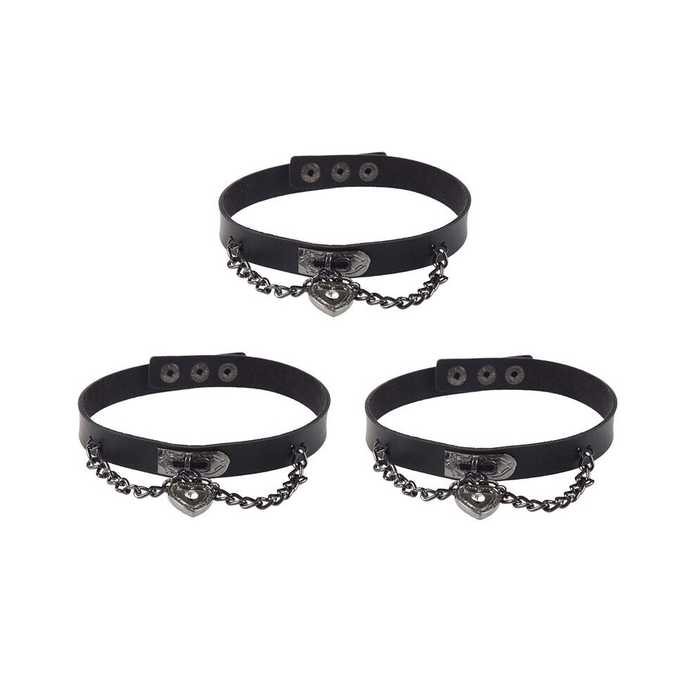 Brecantia Black 3X Leather Heart Pendant Chain Necklace Gothic Lolita Punk Choker