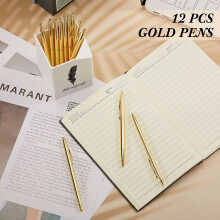 12 ST Guld Slim Kulspetspennor Svart BläCk 1 mm Medium Point Metallic InfäLlbara Pennor för Studenter LäRarkontor