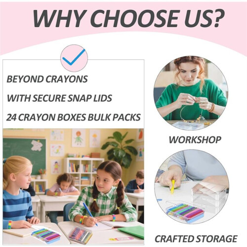 24 Pack Plastic Crayon Boxes with Lids, Clear Stackable Storage Containers for Crayons Bulk, Classroom Organizer, Art