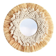 Noordse Stro Geweven Hotel Bed en Breakfast Muur Boho Decor Handgeweven Spiegel Wanddecoratie Macrame Decoratieve Spiegel