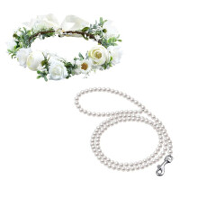 Dog Flower Collar Wedding and Leash Set Pearl for Dogs Pearl Beaded Dog Leash Dog Collar Bows for Wedding Adjustable