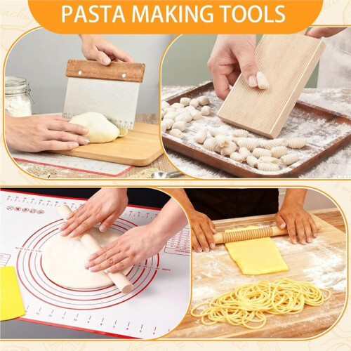 Pasta Making Tools Kit, Ravioli Maker Set with Rolling Pins, Gnocchi Board, Stamps, Cutter & Baking Mat