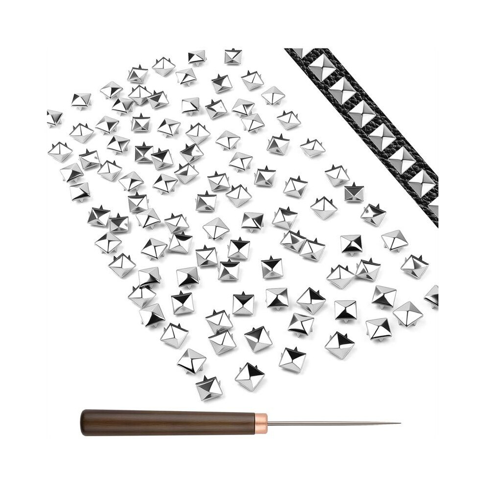 400Pcs Square Pyramid Studs For Clothing,Silver Metal Studs And Spikes Kit With 1 Wooden Handle Cone,Metal Claw Nailhead 4712812069958