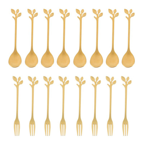16PCS Dessert Spoon and Fork Set Cake Fork Coffee Spoon  Fruit Fork Stainless Steel -Gold