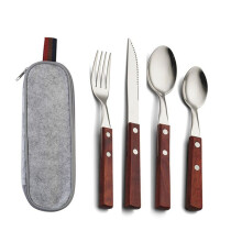 Set Completo di Posate Coltello, Forchetta, Bacchette e Cucchiaio Set da Viaggio In Acciaio Inox Forchetta con Manico In Legno B