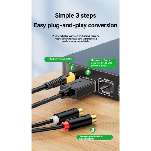 Digital Optical to 2RCA Audio Conversion Cable TV Projector Optical Digital Audio Output to Amplifier and Speakers 1