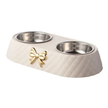 1PC Dog and Cat Food Bowls Bowtie Dog Food Drinking Double Bowl Pet Supplies Cream White