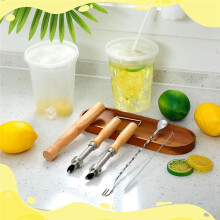 Straw Puncher for Plastic Lids Lemonade Cups with Wooden Muddler Stainless Steel Straw Hole Puncher Squeezed Lemonade