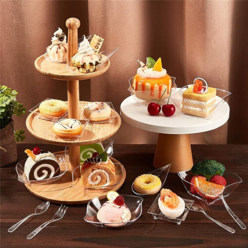 200 Pcs  Appetizer Plates with Spoons Forks Disposable  Dessert Plates Plastic Appetizer Bowls Tiny Transparent