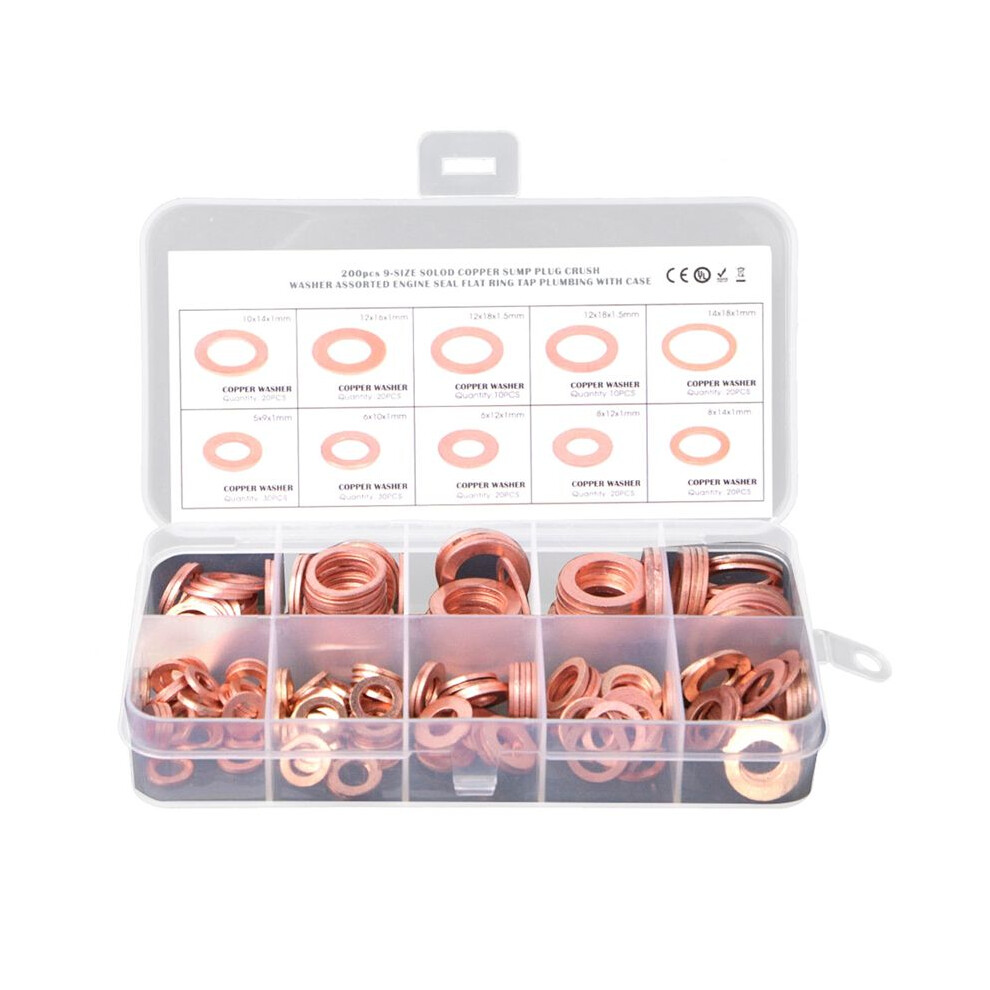 200Pcs O Ring Copper Metric Washers Assortment Kit Flat Sealing Washer 9 Sizes M5 M6 M8 M10 M12 M14 6031973638130