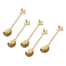 Coffee Stirring Spoon Stainless Steel Branch Leaves Shape Cutlery Dessert Spoon Jam Ice Cream Tea Spoon,Gold(5pcs)