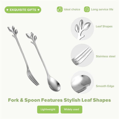 Dessert Spoon Fork Set,20 Pcs 4.7 Inch Cake Fork,Coffee Spoon, Silver Leaf Fruit Fork,(10 Spoon + 10 Fork) 2