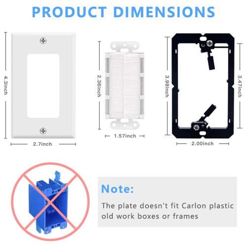 2-Pack Brush Wall Plate with Single Gang Low Voltage Mounting Bracket Cable Pass Through Insert for Speaker Wire 2