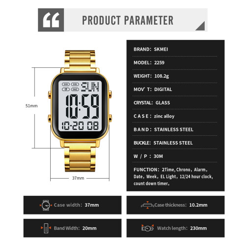 Orologio digitale da uomo e donna 30M, 37mm, oro rosa e nero 2