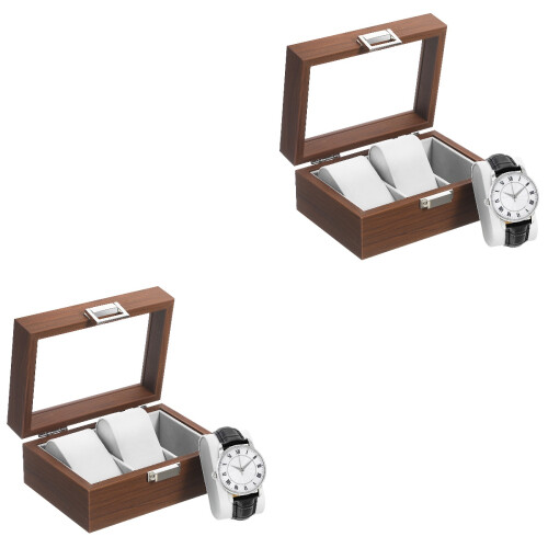 2Pcs Watch Box Coffee Wood with Velvet Lining Display Case Organizer 2