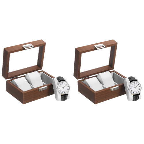 2Pcs Watch Box Coffee Wood with Velvet Lining Display Case Organizer 1