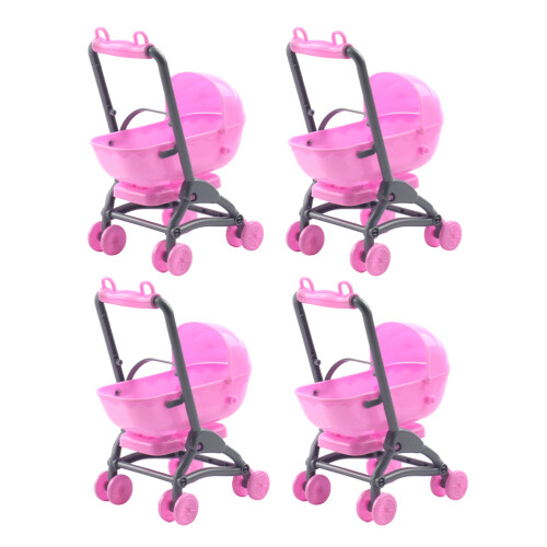 8Pcs Pink Plastic Toy Stroller for Dolls Realistic Playroom Accessory