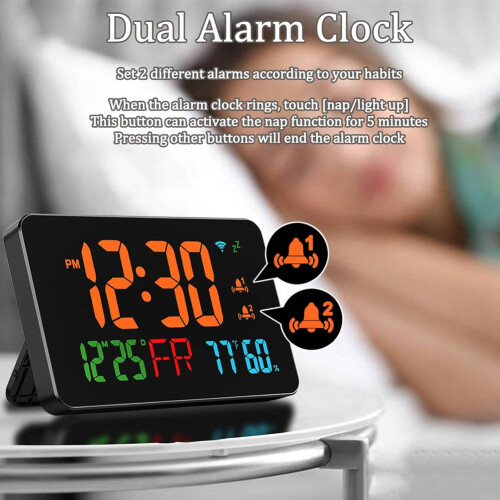 Digital Clock Alarm Clock WiFi Clock, Extra Large Letters, Temperature & Humidity, Calendar, Week,B 2