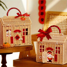Rattan House Shaped Basket with Lid, Decorative Hand Woven Shelf Organizer with Folding Handle, Harvest Wicker Basket