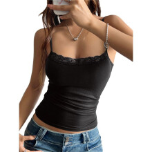 Dames Zomertops met Kant, Spaghettibandjes, Laag Uitgesneden Geribbelde Crop Tops, Y2K-Uitgaansoutfits Zwart XL