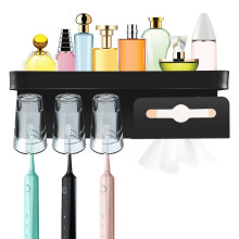 Zahnbürstenhalter Wandzahnbürstenhalter Selbstklebend Ohne Bohren mit Taschentuchhalter für Badezimmer, Zahnbürstenbecherhalter Ohne Bohren, Space