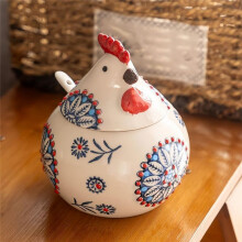 Salero de Cerámica con Tapa y Cuchara, Tarro de 13 Oz con Forma de Pollo, Soporte para Sal para Mostrador, Café y Dulces, Color Rojo.